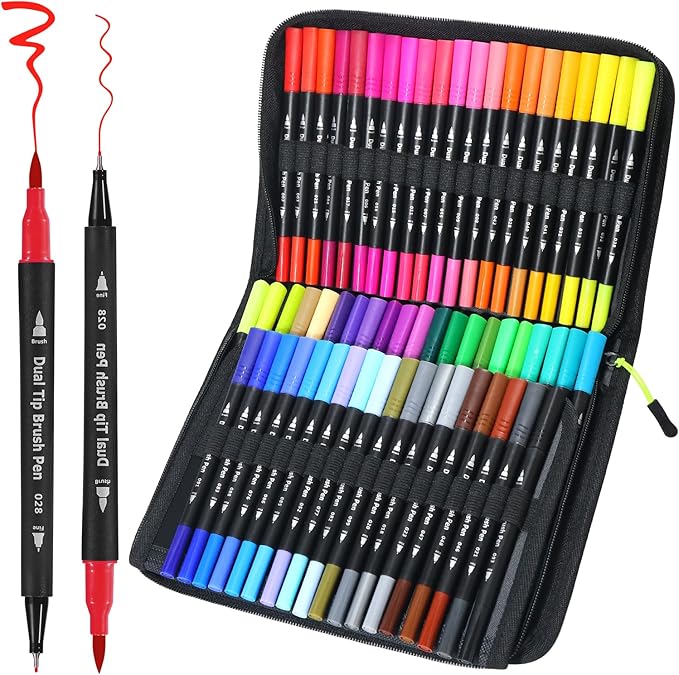 Piochoo Dual Brush Markers,60Colors Markers for Adult Coloring Books, Dual Tip Markers for School, Fine and Brush Tip for Adults Coloring Books, Calligraphy, Drawing, Sketching