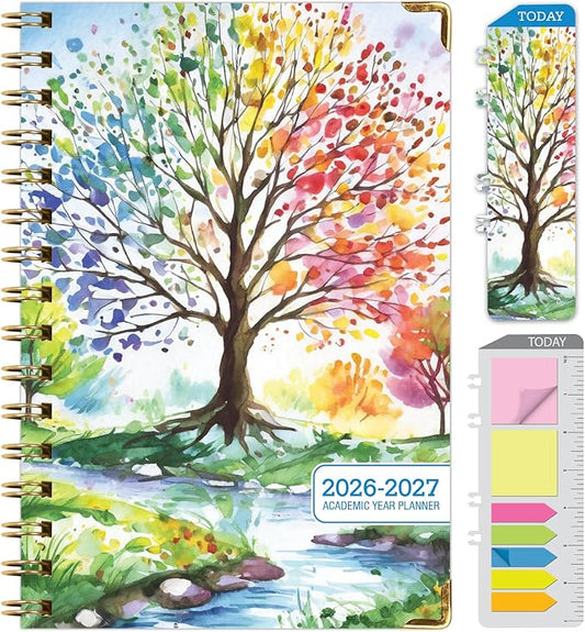 HARDCOVER Academic Year 2026-2027 Planner: 14 Months (May 2026 Through June 2027) 5.5"x 8" Daily Weekly Monthly Planner Yearly Agenda. Bookmark, Pocket Folder and Sticky Note Set (Tree Seasons)