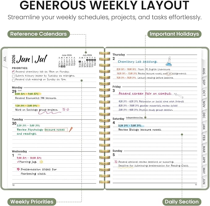Planner 2026-2027, 6.3" x 8.5" Weekly and Monthly Academic Year Planner Calendar, July 2026 - June 2027, Hardcover Large School Planning Agenda With Tabs, Perfect for School & Office Supplies, A5, Green