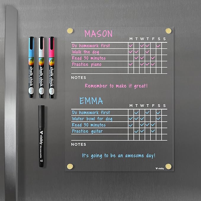 Magnetic Acrylic Chore Chart for Fridge 9” x 12”, Clear Wet Erase Refrigerator Task Board, Minimalist Routine Planning Board, Includes 4 Magnetic Markers, Gold Corner Magnets