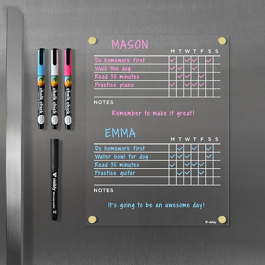 Magnetic Acrylic Chore Chart for Fridge 9” x 12”, Clear Wet Erase Refrigerator Task Board, Minimalist Routine Planning Board, Includes 4 Magnetic Markers, Silver Corner Magnets