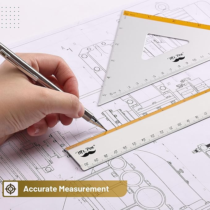 Mr. Pen- Metal Geometry Kit, 4 Pack, 45° & 30°/60° Set Squares, 6" Protractor & 12" Ruler, Durable Metal Drafting Tools for Technical Drawing, Math, Engineering & Architecture