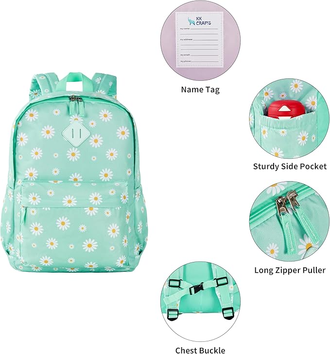 KK CRAFTS Preschool Backpack Kindergarten Little Kids Toddler Elementary School Backpacks for Boys and Girls with Chest Strap(17Inch, Daisy-Green)