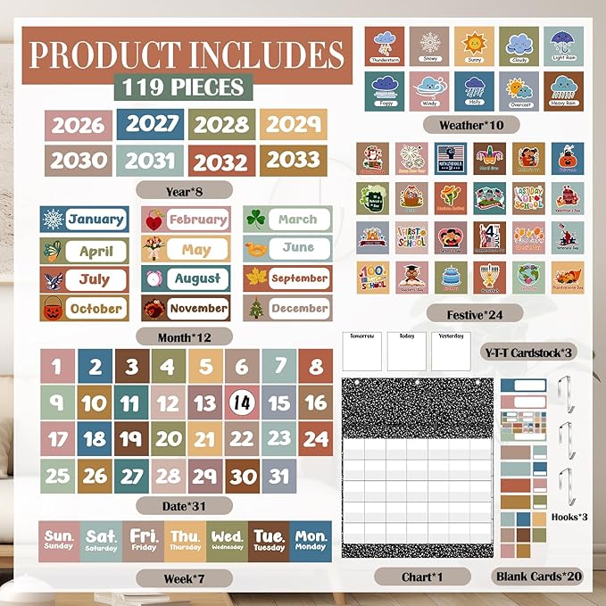 Tinlade Classroom Calendar Pocket Chart Set with 115 Cards 24 x 28 Inch Modern Minimalist Calendar Bulletin Board Pocket 2026–2033 Festival Weather Teacher Supplies for Classroom Wall Decoration