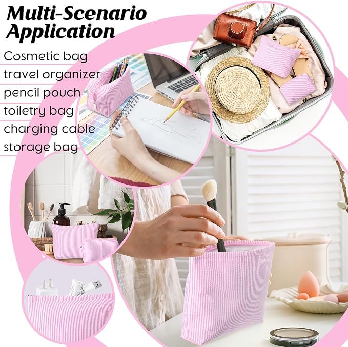 Huhumy 2 Pcs Makeup Bag Set for Women, Pink, Thin Striped Seersucker | Cute Cosmetic Pouch Women Travel Toiletry Bag Preppy Small Makeup Purse Pouch Aesthetic Skincare Brushes Storage Organizer