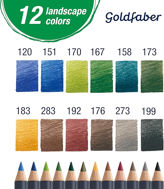 Faber-Castell Goldfaber Colored Pencils: Landscape Colored Pencils with Smooth Laydown, Rich Pigments, Break-Resistant Cores, Perfect for Nature Drawing, Outdoor Sketching & Adult Coloring (12 Count)