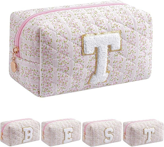 JOVAKIT Alphabet Makeup Bag Cosmetic Bag for Women, Christmas Gifts for Girls Age 6-18, Floral Flowers Coquette Travel Toiletry Zipper Make Up Pouch Organizer Trendy Stuff (Pink Floral T)