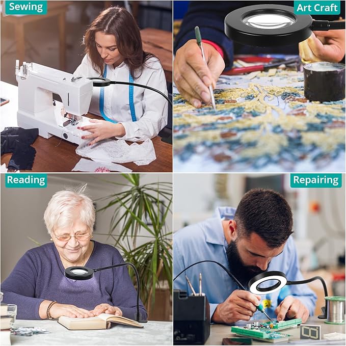 Woputne 5X Magnifying Glass Desk Clip Lamp, 10 Brightness, 3 Color Modes, 5V/2A Adapter Included – Clamp Light for Reading, Crafting, Close Work (Black)