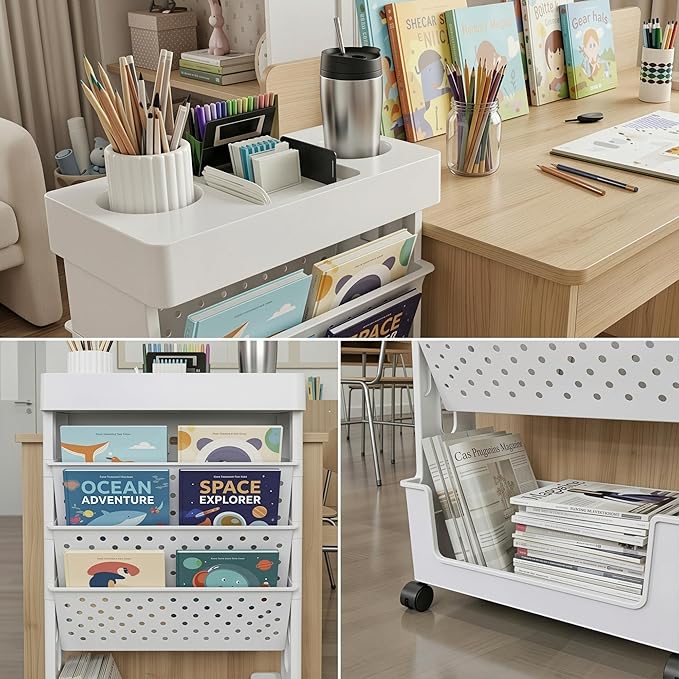 5-Tier Mobile Bookshelf, Rolling Bookcase Book Storage Rack, Movable File Folder Organizer Cart with Wheels for Home Study Office Living Room Classroom, White