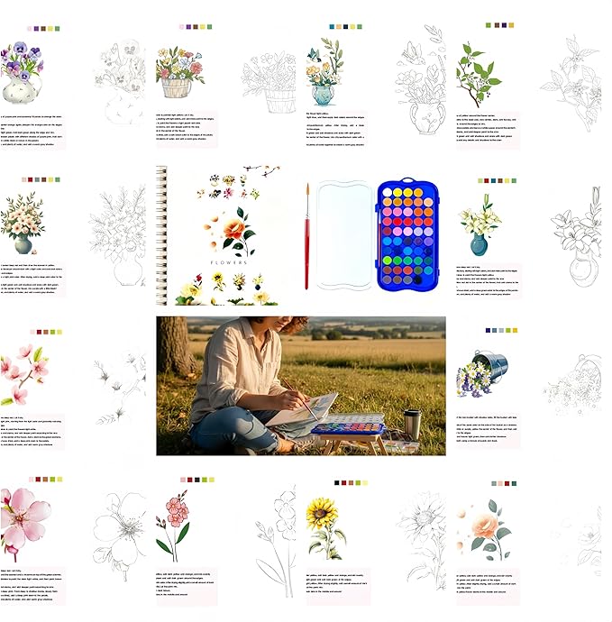 48 Colors Watercolor Book with Paint，Beginner Watercolor Workbook Kit, Watercolors Workbook (Flowers -48 Colors)
