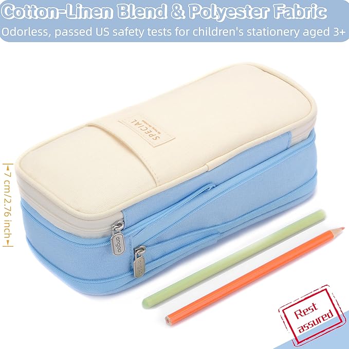 Large Capacity Canvas Pencil Case Organizer Holder Pouch Bag with Zipper Compartments, Pen Cases for Women Girls School Adults (Beige/Blue)