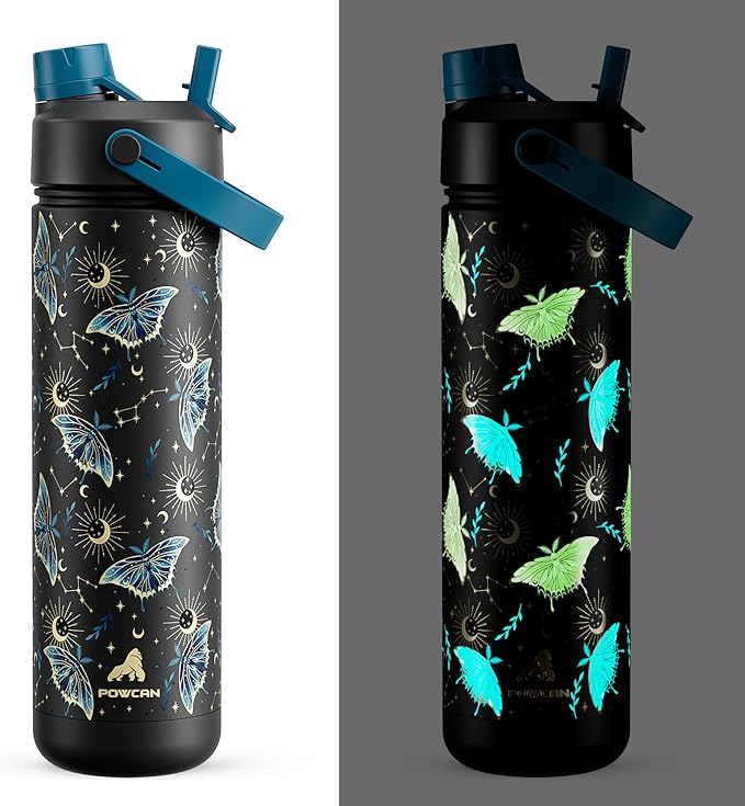 POWCAN 26 oz Insulated Water Bottle with 2-in-1 Straw and Spout Lid, Glow-in-the-Dark, 24H Cold, Leakproof, Fits in Car Cup Holder, Stainless Steel for Gift, Sports, Travel, School (Gilded Flutter)