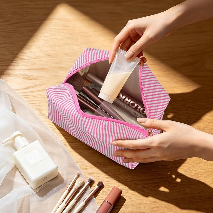 Makeup Bag Set for Women, 4PCS Travel Cosmetic Bags Pencil Case, Striped Seersucker Toiletry Organizer Pouches, Cute Makeup Pouch for Purse, Accessories and Gifts, Rose Red