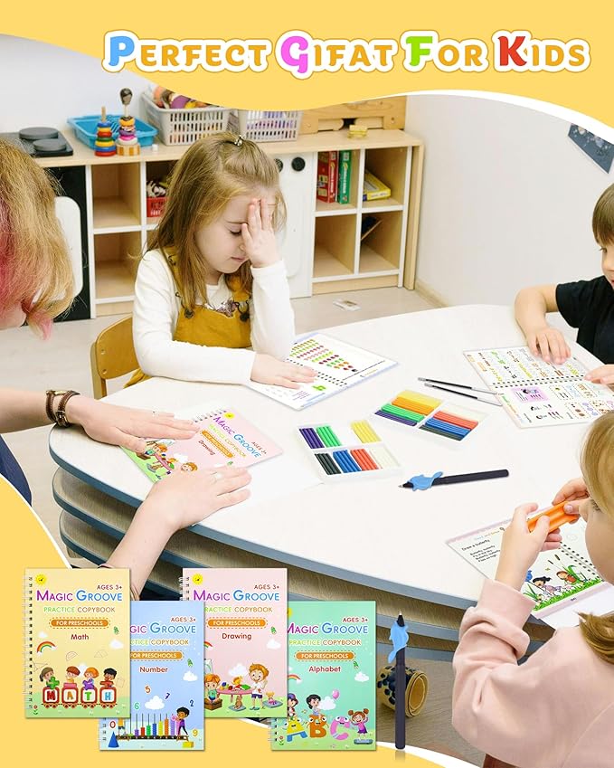 Magic Practice Copybook, Reusable Writing Practice Book, Handwriting Aid for Preschool Kids Age 3-8 (4 Books with Pens)