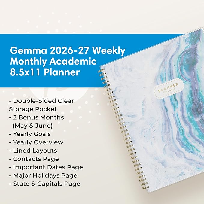 Blue Sky 2026-2027 Weekly and Monthly Academic Year Planner Calendar, July 2026 - June 2027, 8.5" x 11", Flexible Cover, Wirebound, Laminated Tabs, Storage Pocket, Gemma