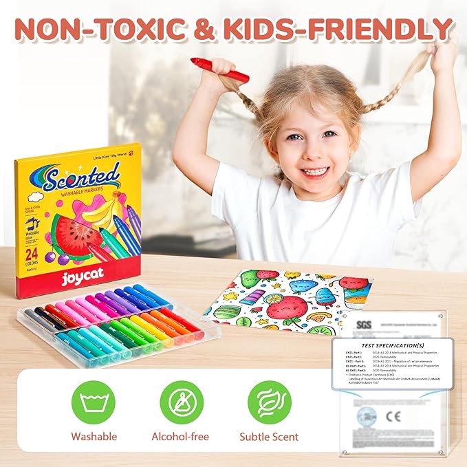 JoyCat 24 Colors Scented Washable Markers for Kids, Fruit & Dessert Smelly Markers with Versatile Conical Tips, Non-Toxic Art Supplies for Toddlers & School Classroom, Ideal Gifts for kids.
