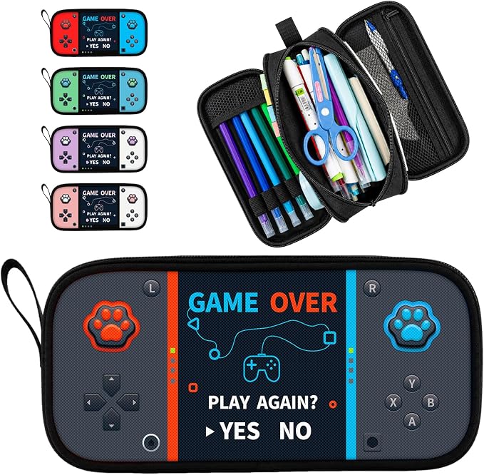 Game Controller Pencil Case for Boys Kids Teens, Large Capacity Pencil Pouch with 3 Compartments, 7 Pockets and Label Pocket for School College Office Travel (Gray)