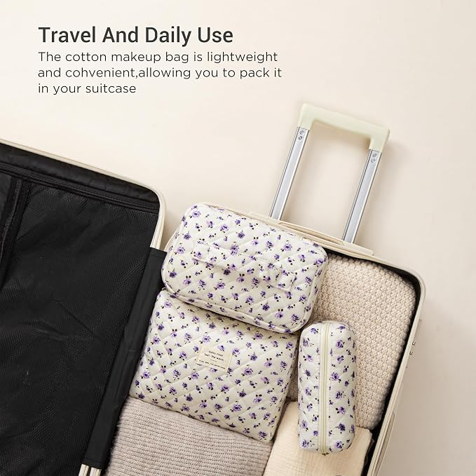 HBselect Quilted Makeup Bag, 3Pcs Cotton Large Travel Makeup Bags Organizer | Cute Floral Make up Bag Cosmetic Bag Toiletry Bag for Women Girls, Makeup Pouch for Skincare, Brushes & Travel Essentials