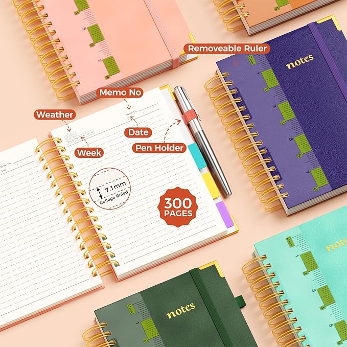 XYark A5 Hardcover Spiral Notebook, 6.3"x8.5" College Ruled Notebooks with Removable Dividers Tabs & Ruler, 5 Subject Notebook 300 Pages, Small Lined Journal for Women School Work Office, Light Pink