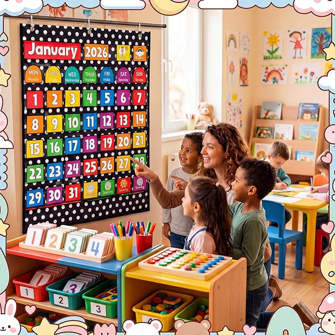 Gueevin 124 Pcs Classroom Calendar Bulletin Board Set Black and White Polka Dots Seasons Weather Calendar Chart Bulletin Board Display with Cards Festival Pocket Chart for Learning Decoration