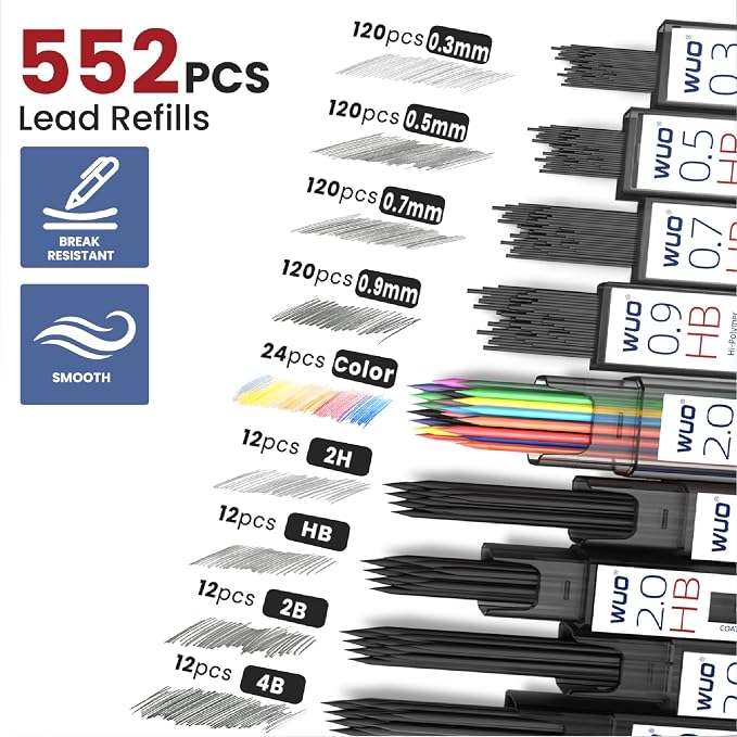 WUO 38PCS Art Mechanical Pencil Set with Storage Case, Metal Drawing Pencil | 0.3, 0.5, 0.7, 0.9 & 2PCS 2mm (2H HB 2B 4B Color) & 552 Lead Refills, 1 Eraser Pen, Artist Pencils for Sketching, Drafting