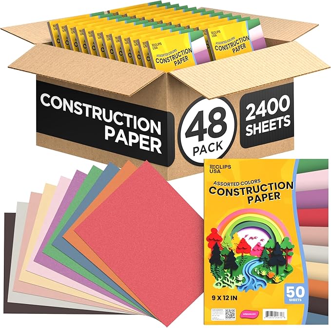 Construction Paper Bulk (2,400 Sheets) 9 x 12 Construction Paper for Kids Color Art Paper Assorted Colors 50 Sheets Per Pack (48 Pack)