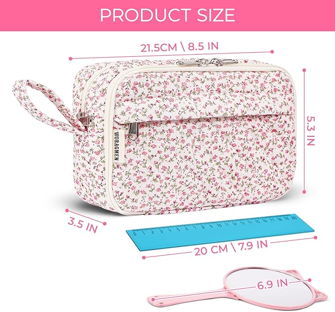 WOBAGMEN Quilted Pencil Pouch for Girls Women, Large Pencil Case Pouch with Compartments Cute Aesthetic Pencil Case Organizer, Floral Pencil Bag for School Supplies (pink floral)