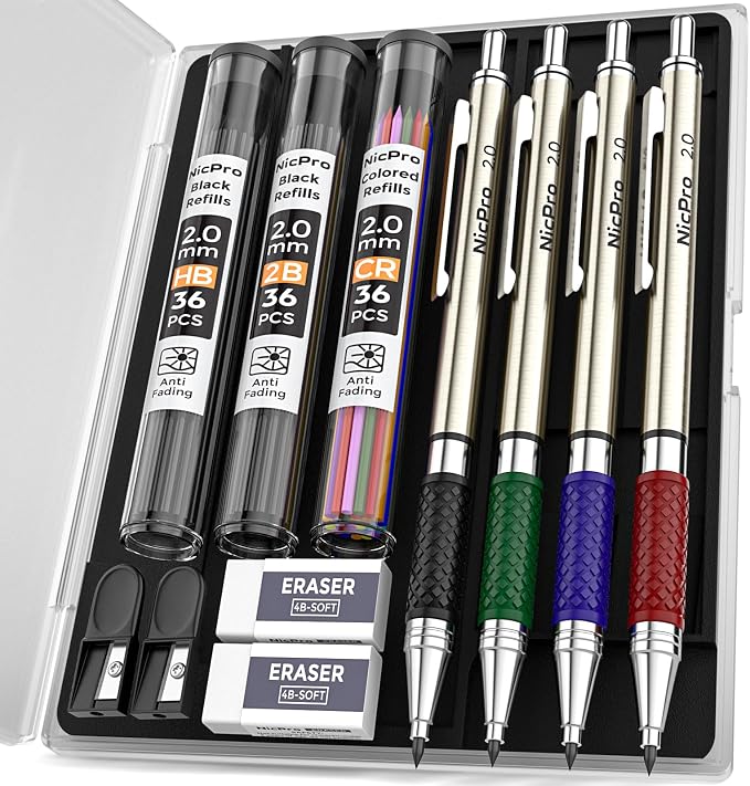Nicpro 2.0 mm Mechanical Pencils Set, 4PCS Metal Mechanical Drawing Pencil | 108 Color & Black (HB 2B) Lead Refill, Non Slip Grips, Art Mechanical Pencil for School Writing, Artist Drawing Sketching