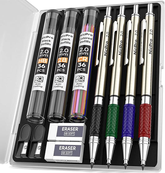 Nicpro 2.0 mm Mechanical Pencils Set, 4PCS Metal Mechanical Drawing Pencil | 108 Color & Black (HB 2B) Lead Refill, Non Slip Grips, Art Mechanical Pencil for School Writing, Artist Drawing Sketching