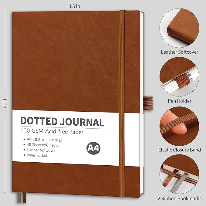 RETTACY Dotted Journal Notebook, 96 Pages, A4 Large Size (8.5'' x 11''), Leather Softcover, 100 GSM Thick Paper, for Journaling, Planning, Tracking (Brown)