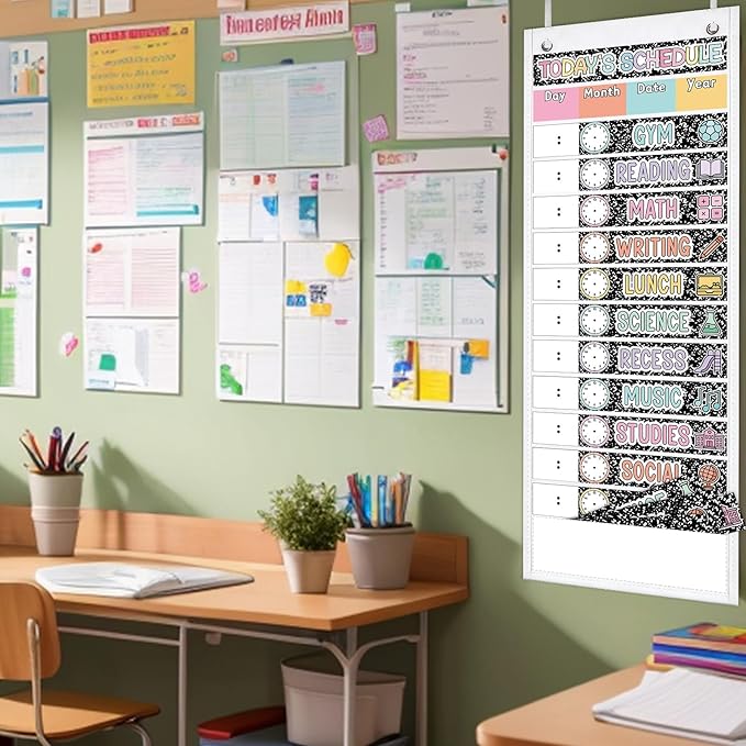 JarThenaAMCS Composition Notebook Daily Schedule Pocket Chart 13 x 35.5 In Back to School 13 + 1 Pocket Visual Schedule Chart Board with 24 Card for Classroom Home Office Supplies