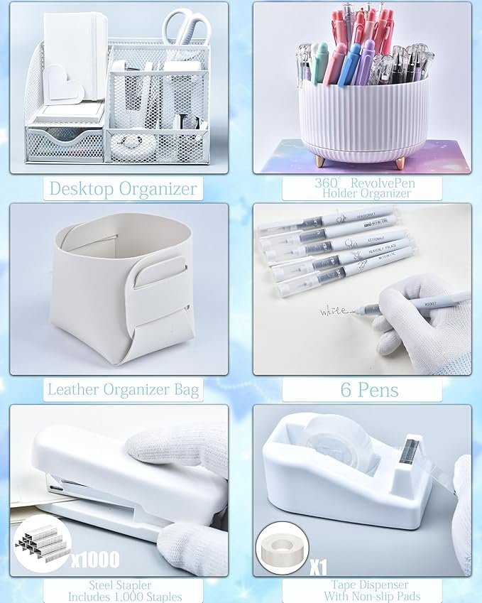 20Pcs White Desk Organizers and Accessories With Mesh Desk Organizer and 360°Rotating Pen Holder and a Lot of Office White Office Supplies Beautifully Presented in a Gift Box