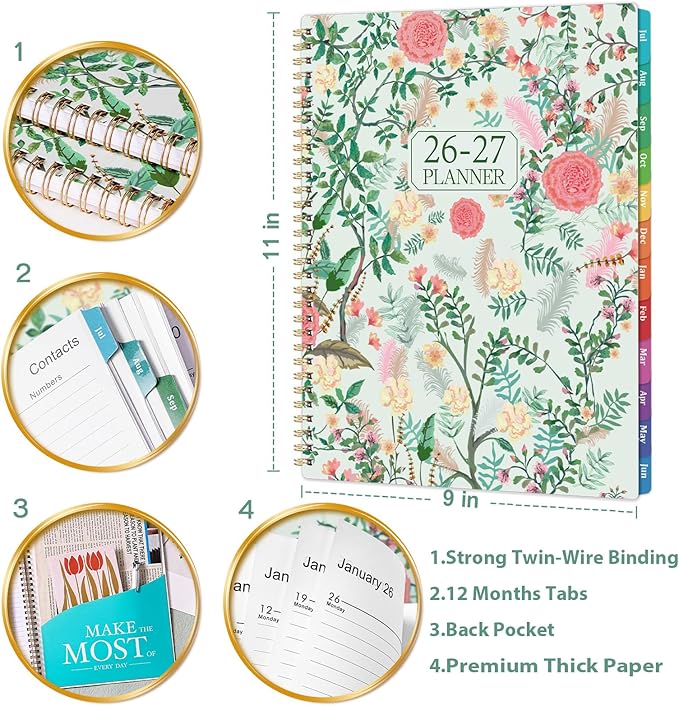 Planner 2026-2027 - Academic Planner, 9" x 11", Jul. 2026 - Jun. 2027, 2026-2027 Planner Weekly and Monthly with Colorful Tabs, Strong Twin-wire Binding, Back Pocket - Floral