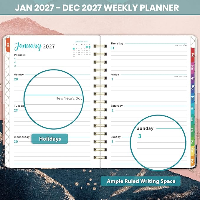 2027 Planner - 2027 Weekly and Monthly Planner Calendar, January 2027 - December 2027, 6.3" x 8.4", Back Pocket + Thick Paper + Twin-Wire Binding - Pink Moon