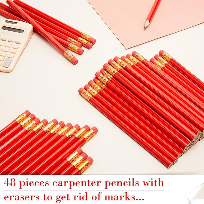 Fainne 48 Pack Jumbo Round Pencils, Wooden Fat Pencil with Black Core Bulk for Carpenters Workers Woodworkers Framers Beginners Students Teachers DIY Project(Red)