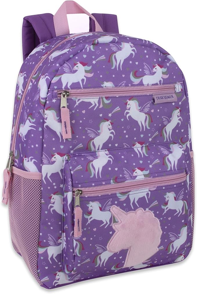 Trail maker 17” Kids Character School Backpacks Plush for Girls with Side Pockets, Padded Straps