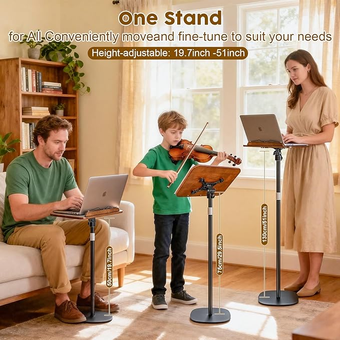 2 in 1 Dual-use Music Stand & Desktop Book Stand, Adjustable Height 16.5"-51", 100% Solid Wood Laptop Floor Stand Book Holder with Elastic Page Clips for Cookbooks, Sheet Music (Black Walnut)