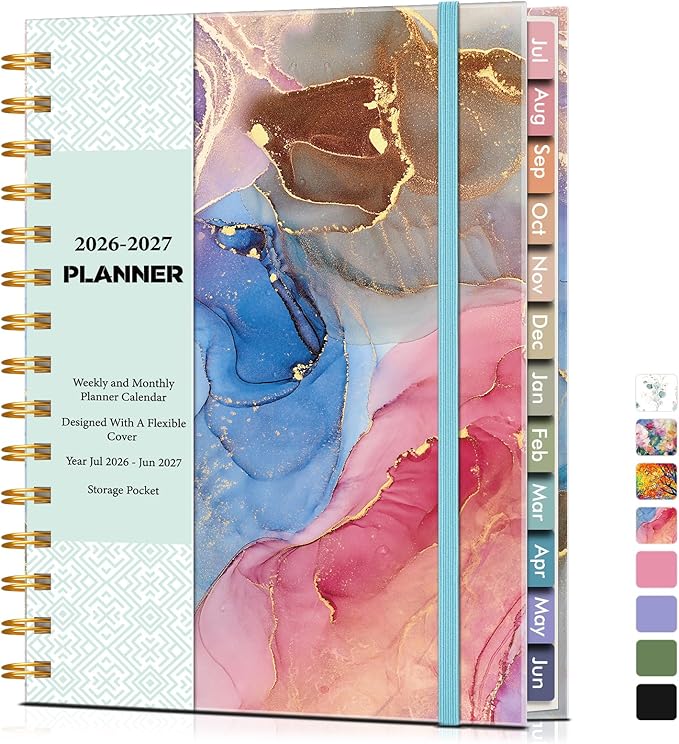 Academic Planner 2026-2027, Weekly and Monthly Calendar Planner from July 2026 - June 2027, 6.1" x 8.2" A5 Large Daily Agenda Book with Tabs, Flexible Cover, College School Organizer for Student Teacher, Watercolor