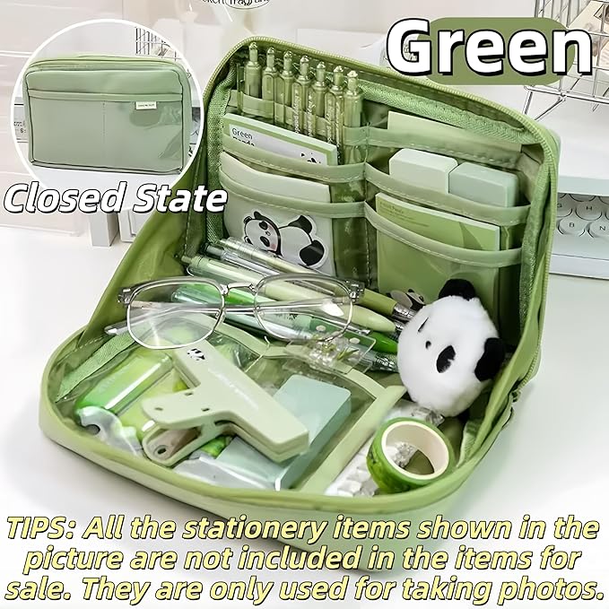 Kawaii Cute Aesthetic Pencil Case - Large Capacity Canvas Pen Pouch Bag (Green)