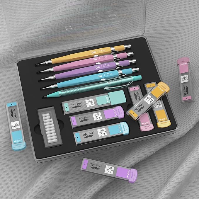 Mr. Pen- Pastel Mechanical Pencil Set, 5 Mechanical Pencils (0.3, 0.5, 0.7, 0.9, 2.0mm), 5 HB Lead Refills & 10 Eraser Refills, Precision Drawing Pencils for Sketching, Writing & Artwork