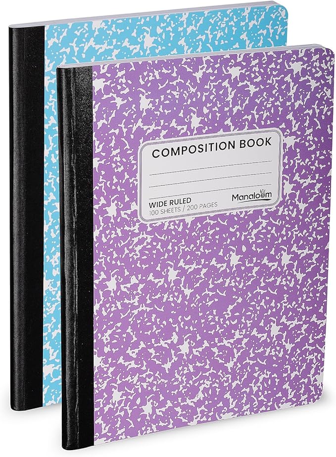 Manaloom Hardcover Wide Ruled Composition Notebook – Bright Colors, 100 Sheets, 200 Pages, 9.75 x 7.5 in – For School, Office, Note-Taking – 2 Pack