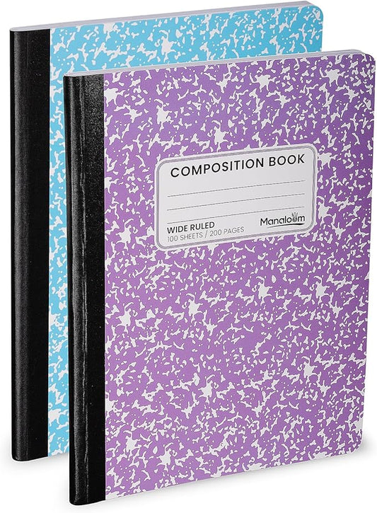Manaloom Hardcover Wide Ruled Composition Notebook – Bright Colors, 100 Sheets, 200 Pages, 9.75 x 7.5 in – For School, Office, Note-Taking – 2 Pack