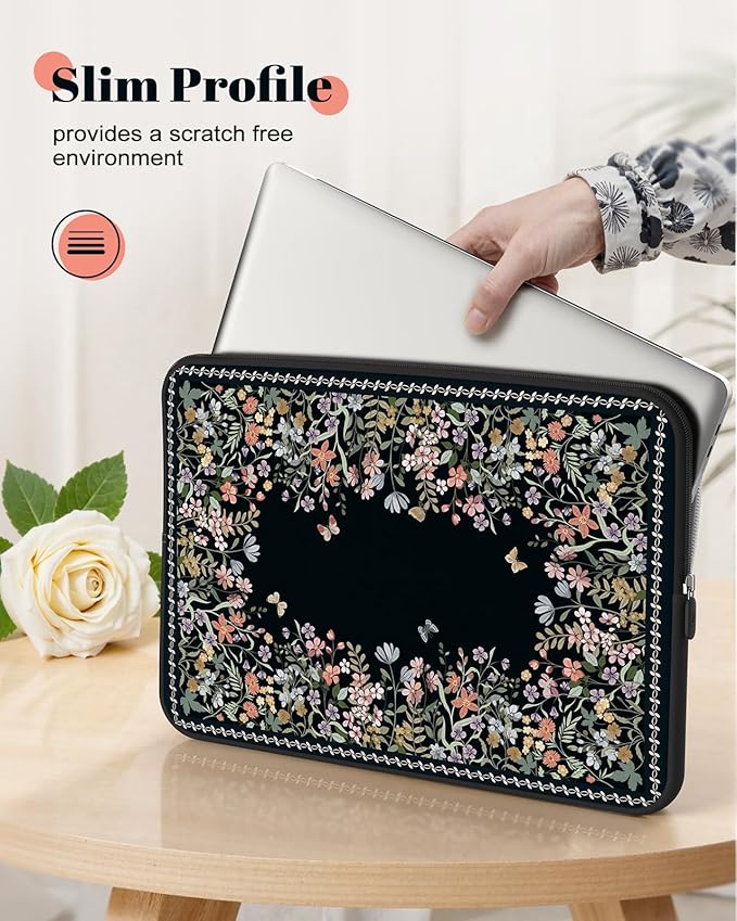 iCasso Laptop Sleeves 13 inch,Retro Laptop Carrying Case Black,13-13.6 inch Computer Sleeve Bag Compatible with MacBook Neo/Air/Pro 13-14 Sleeve, HP Dell ASUS Lenovo Chromebook Notebook,Flowers