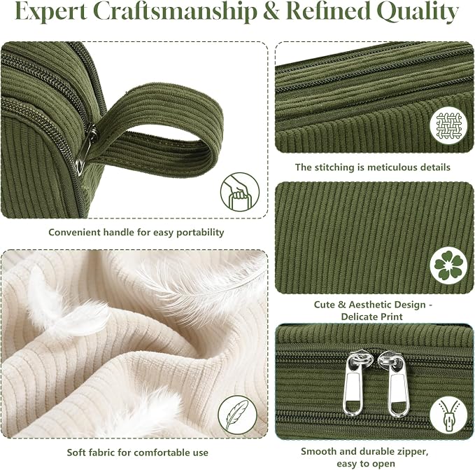 Corduroy Pencil Case, Large Capacity Pencil Pouch with 4 Compartments, Cute Soft Aesthetic Stationery Pen Bag Organizer with Zipper, Portable School Supplies for Teen and Adult Girls, Olive Green