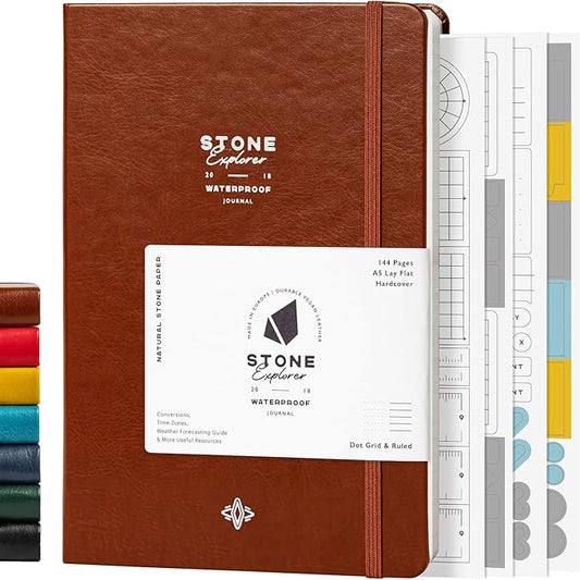 Stone Journal Explorer Notebook – A5 Waterproof Paper Field Journal, Vegan Leather Hardcover, 144 Pages Alternating Ruled & Dot Grid, Back Pocket, Weather-Resistant (Tan Brown)