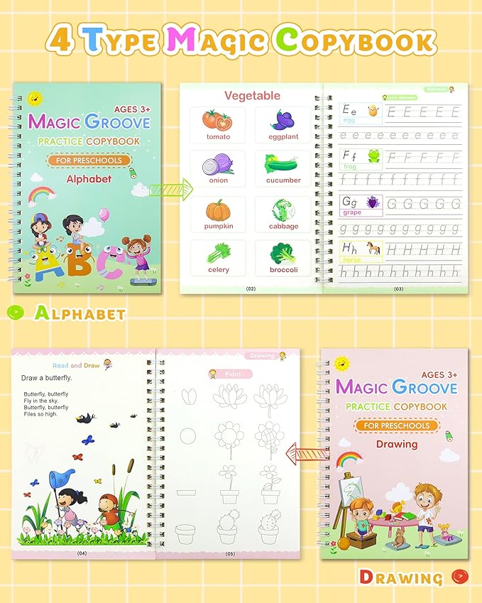 Magic Practice Copybook, Reusable Writing Practice Book, Handwriting Aid for Preschool Kids Age 3-8 (4 Books with Pens)