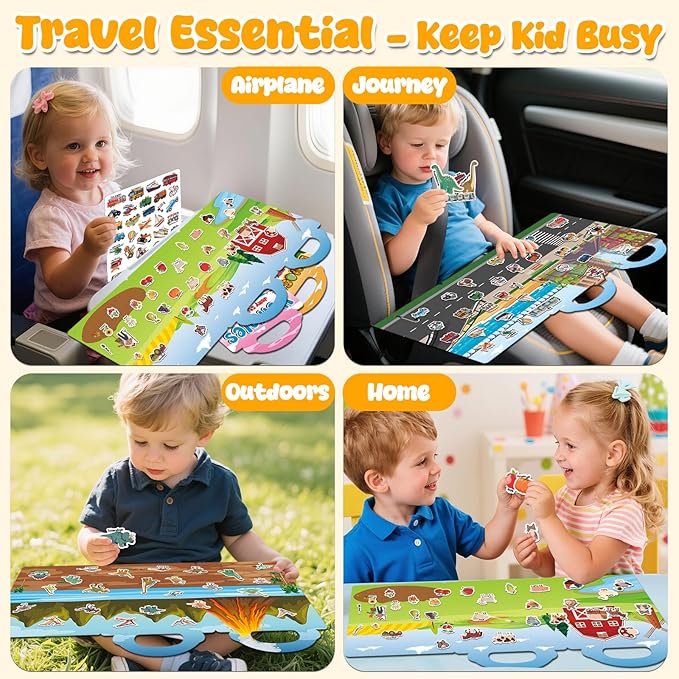 3 Sets Reusable Sticker Book for Kids, Jelly Sticker Books for Toddlers 2-4 Years, Airplane Train Car Travel Essentials Toys for Kids