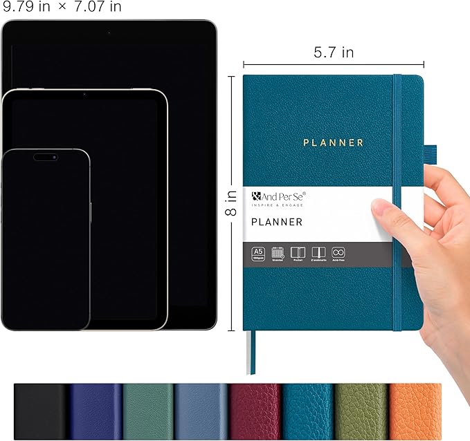 And Per Se Undated Planner, Weekly & Monthly Planner with Goal & Habit Tracker, A5 Leather Hardcover Productivity Journal for Academic Year (Dark Turquoise)