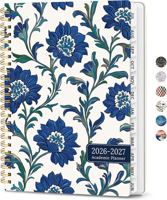Planner 2026-2027, Academic Planner Weekly and Monthly, Jul 2026 - Jun 2027, Spiral Bound School Planning Tool with Tabs and Pocket, Perfect for Students & Teacher, 8.5" x 11", Cobalt Florals