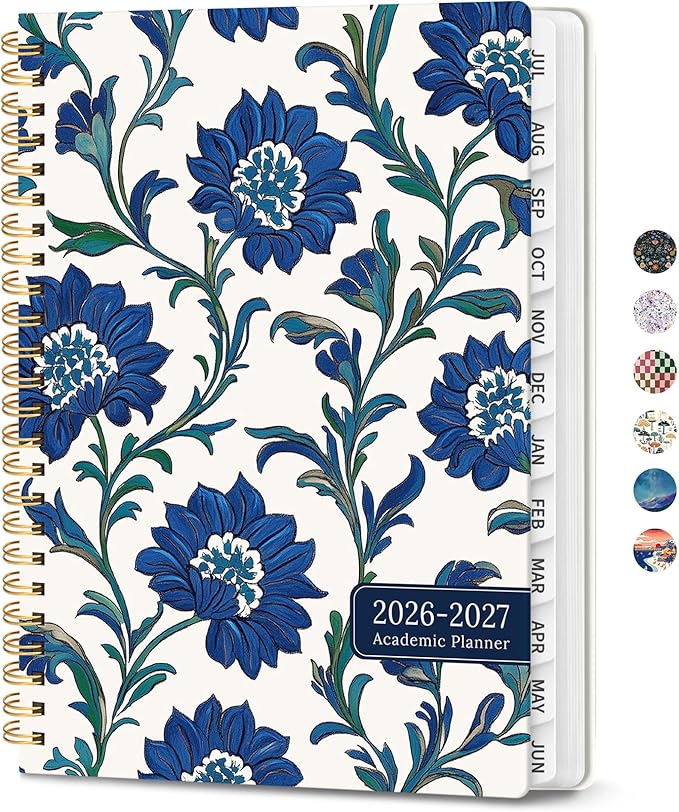 Planner 2026-2027, Academic Planner Weekly and Monthly, Jul 2026 - Jun 2027, Spiral Bound School Planning Tool with Tabs and Pocket, Perfect for Students & Teacher, 6.3" x 8.5", Cobalt Florals